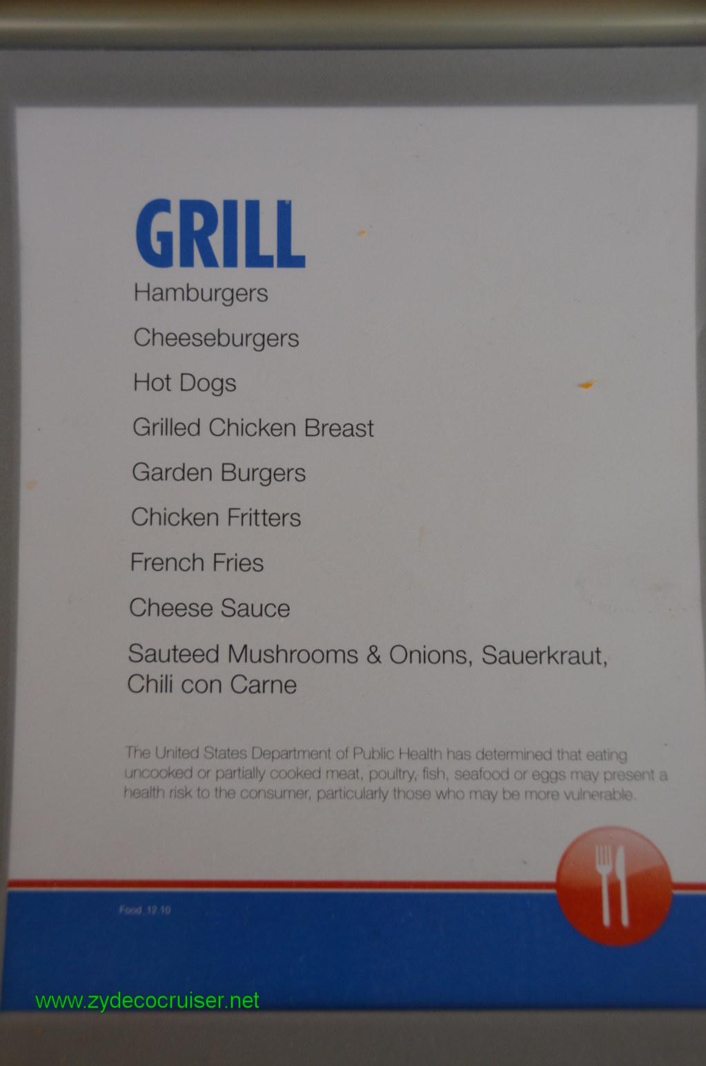 034: Carnival Conquest, Nov 18. 2011, Cozumel, Grill Menu