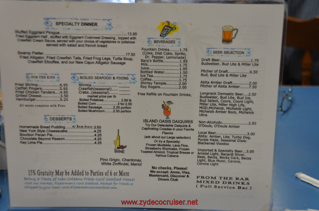 002: Carnival Conquest, New Orleans, Debarkation, Harbor Seafood Menu 2.