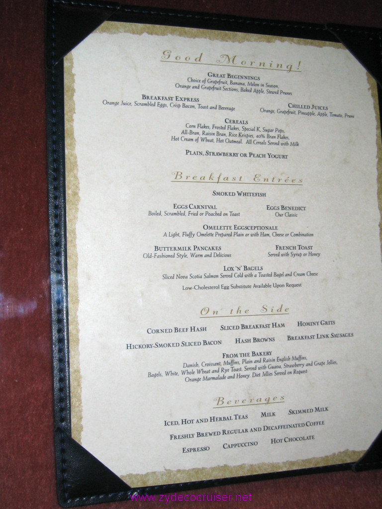 010: Carnival Elation 2004 Cruise, Breakfast Menu, 