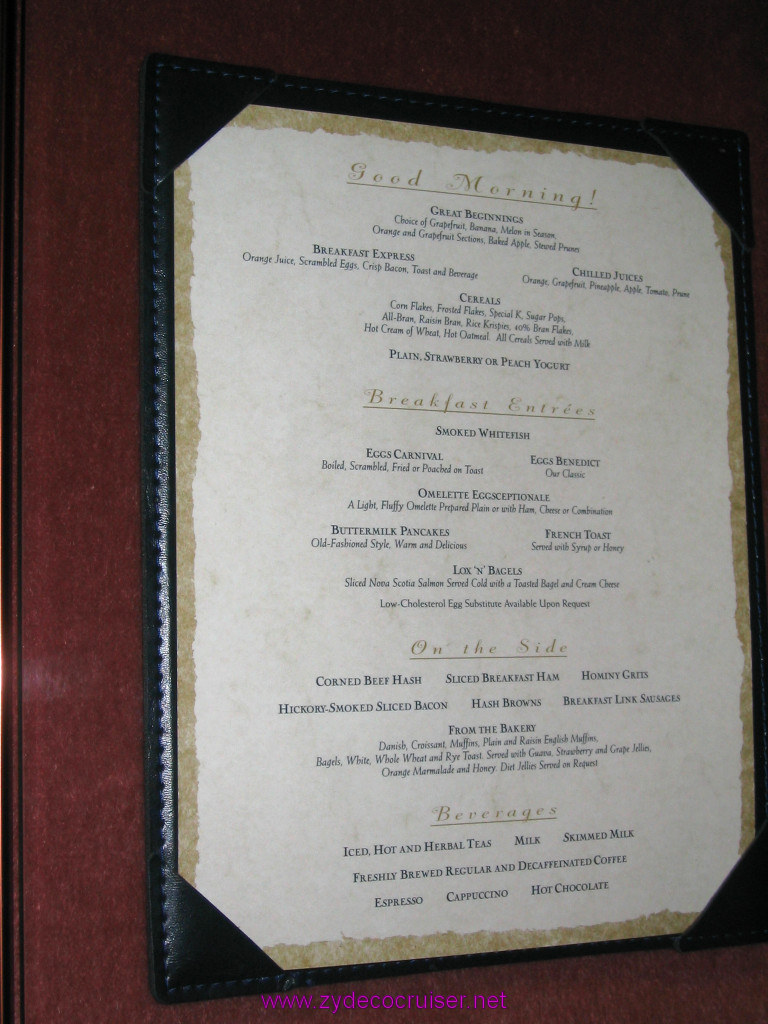 118: Carnival Elation 2004 Cruise, Breakfast Menu