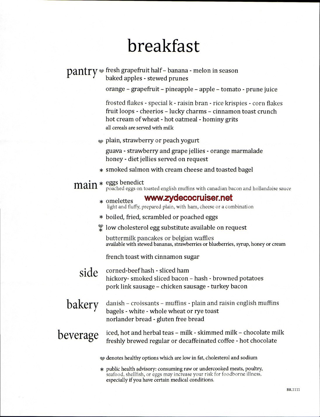 Carnival Elation, MDR Breakfast Menu, 