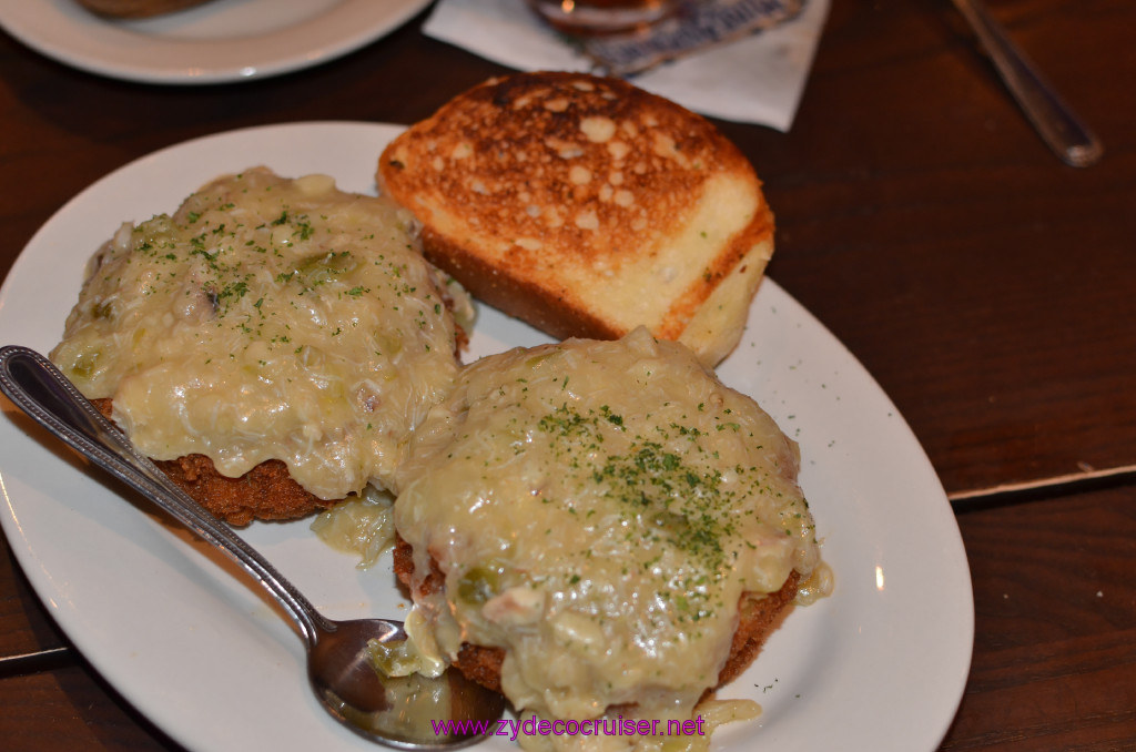 p006: Mike Anderson's Baton Rouge, Stuffed Eggplant Dinner (shrimp stuffing, topped with crabmeat etoufee)