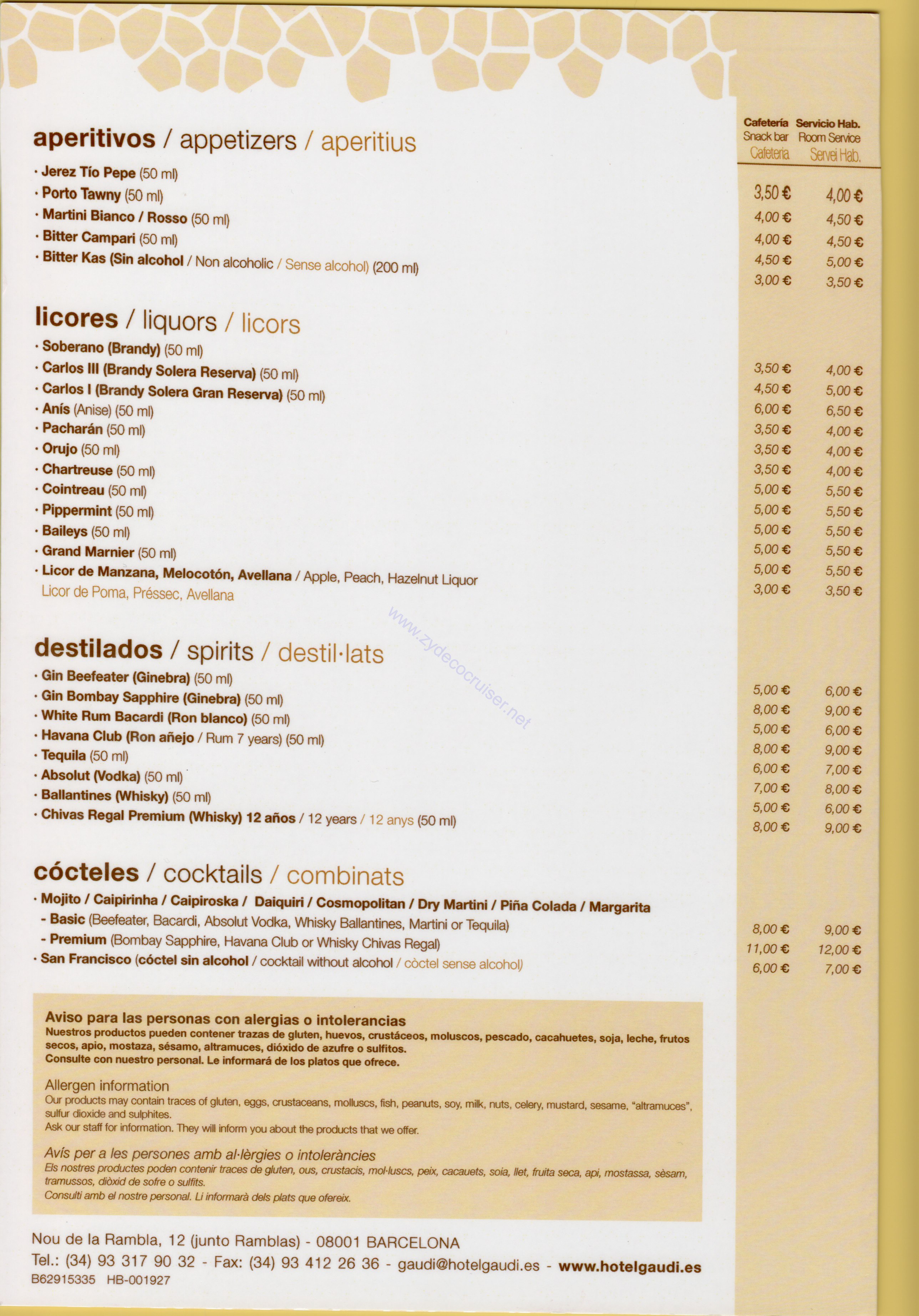 Hotel Gaudi, Barcelona, Room Service Menu 3