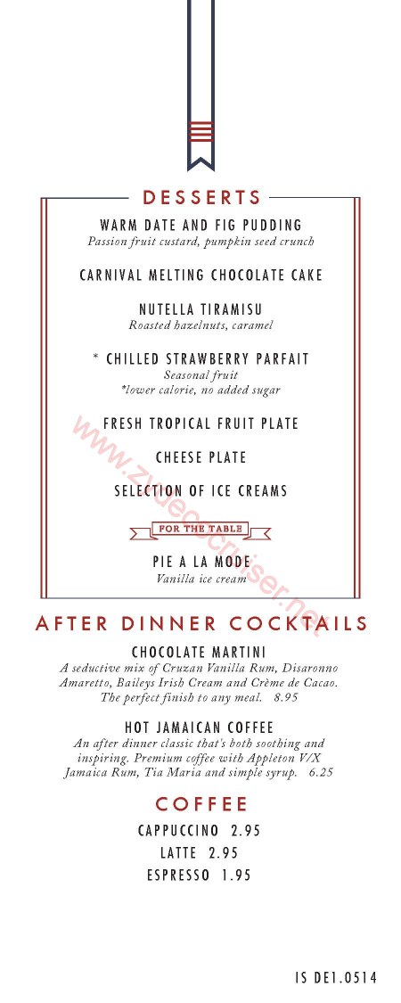 Carnival Imagination/Inspiration, American Table, MDR Deserrt Menu, LA