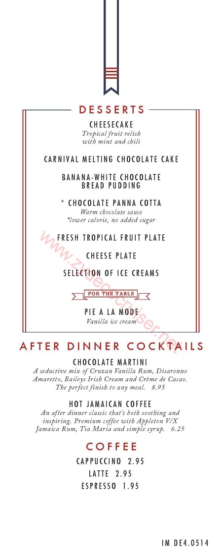 Carnival Imagination/Inspiration, American Table, MDR Dessert Menu, Sea Day