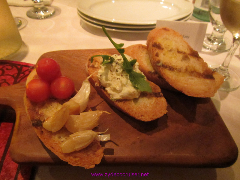 107: Carnival Sunshine Cruise, Nov 22, 2013, Cozumel, Cucina del Capitano, Diamond Guest Captain's Event, Bruschetta with ricotta cheese, tomatoes, and roasted garlic, 