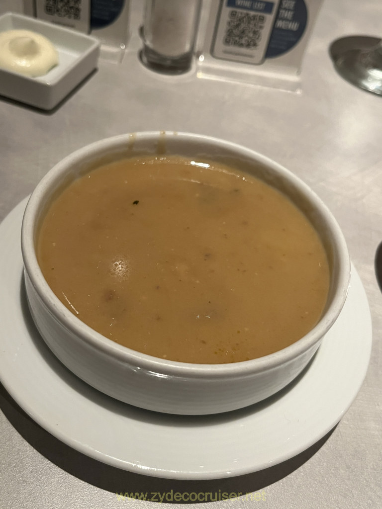 037: Carnival Venezia Transatlantic Cruise, Sea Day 9, MDR Dinner, Steak Ale and Cheddar Soup