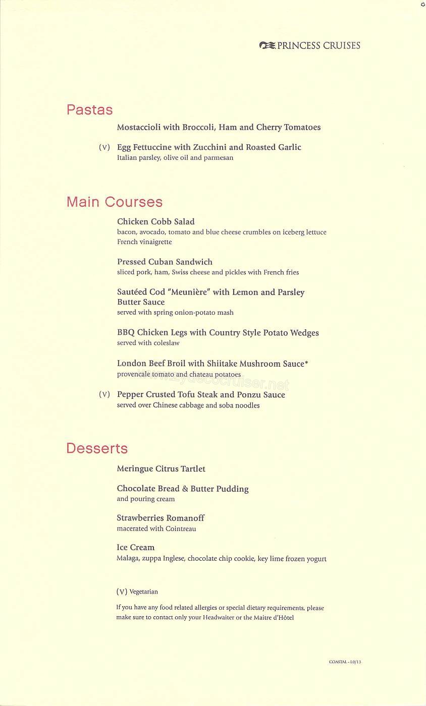 002: Golden Princess Coastal Cruise, Embarkation Day Luncheon Menu