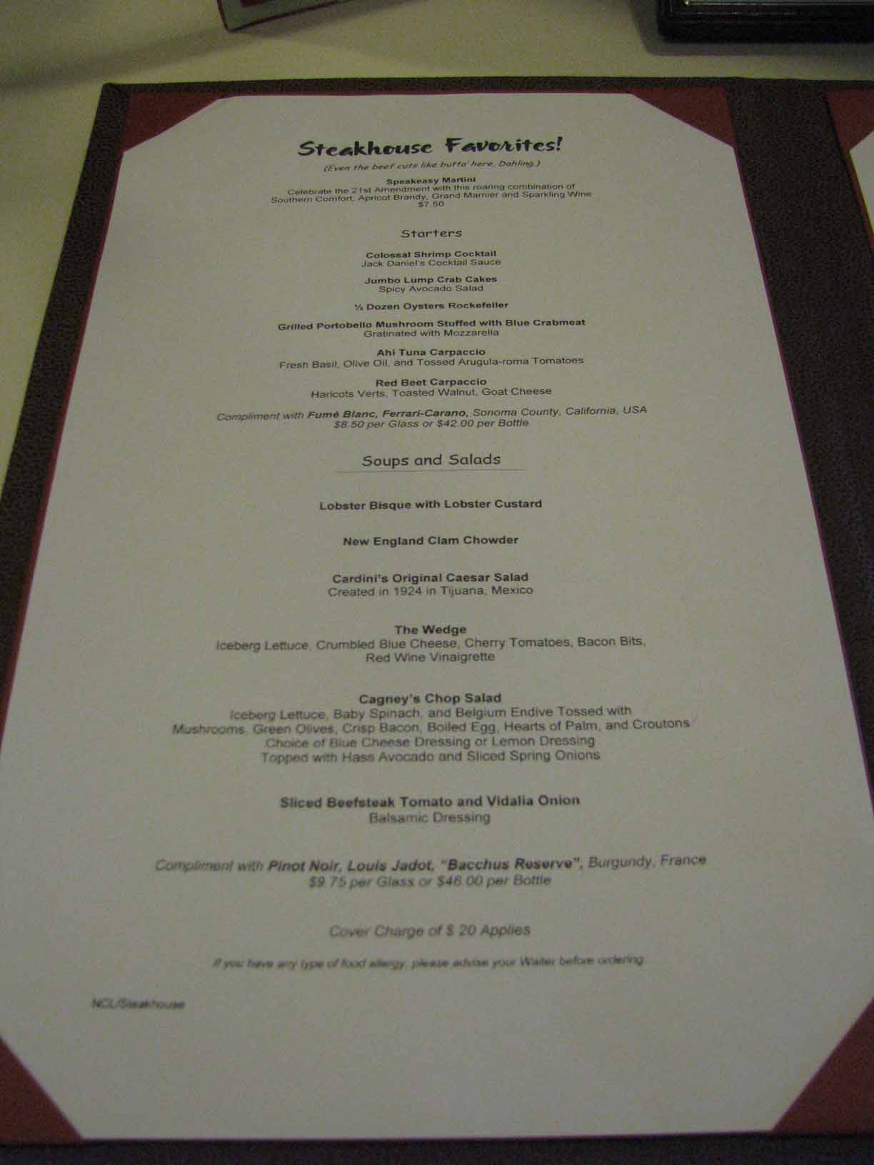 NCL Spirit , Specialty Menus