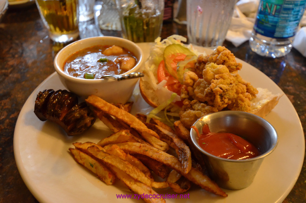 249: Oak Alley Plantation, Half an Oyster Poboy, French Fries, Sausage from Red Beans and Rice (above), Cup of Shrimp and Okra Gumbo, 